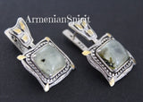 Earrings Green prehnite square gemstone Silver 925 gold plated