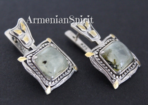 Earrings Green prehnite square gemstone Silver 925 gold plated