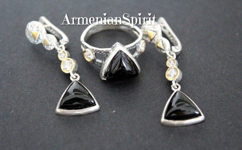 Earrings and ring black onyx and white zircon Armenian jewelry Sterling SILVER 925