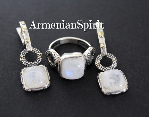 Moon stone gemstone dangle earrings and ring SET Silver 925
