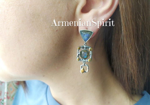 Earrings labradorite blue gem Silver 925 gold jewelry