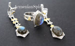 Earrings ring Set labradorite blue gem Silver gold plated jewelry