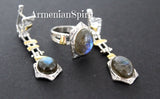 Earrings ring Set labradorite blue gem Silver gold plated jewelry
