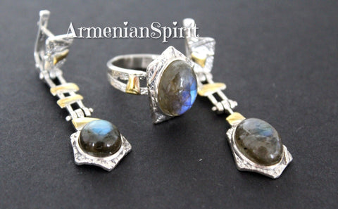 Earrings ring Set labradorite blue gem Silver gold plated jewelry