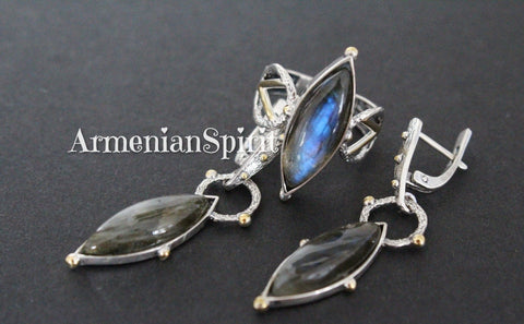 Labradorite long earrings and ring sterling silver 925
