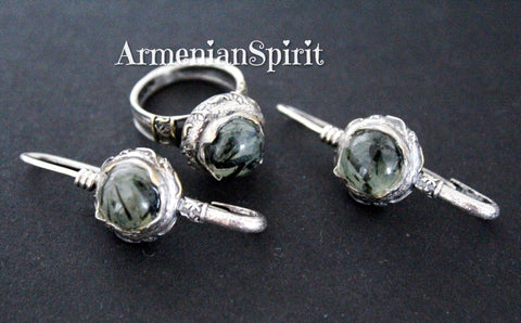 Earrings hooked ring Green prehnite Silver 925 gold plated