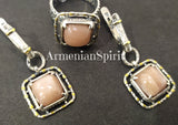 Jewelry set Earrings ring Sterling silver 925 natural tiger eye pink gem