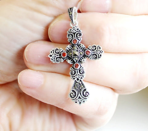 Cross sterling silver 925 with burnt orange stones Armenian khachkar