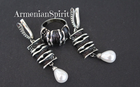 Black Silver 925 jewelry Lab pearl Earrings and Ring SET