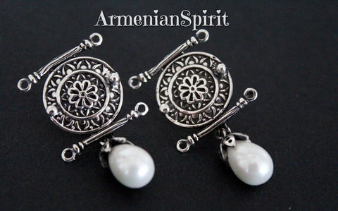 Armenian jewelry Earrings round with drop lab pearl Sterling silver 925