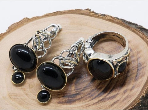 Silver jewelry set Earrings and ring Gold plated Black onyx