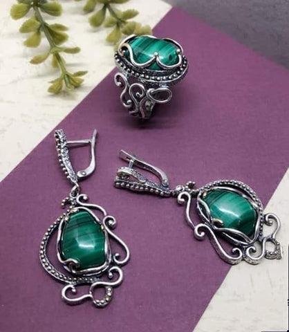 Silver jewelry set Earrings and ring Gold plated with green malachite