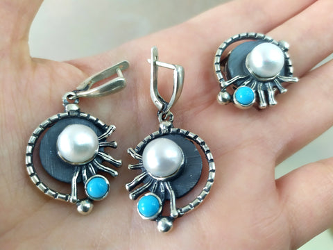 Jewelry set Earrings ring  Sterling silver 925 natural white pearl and turquoise