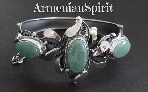 Silver 925 bracelet gemstone green jade Filigree jewelry handmade