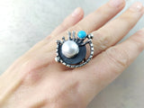 Jewelry set Earrings ring  Sterling silver 925 natural white pearl and turquoise