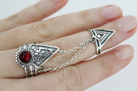Double ring SILVER 925 Adjustable Armenian jewelry Red stone triangle