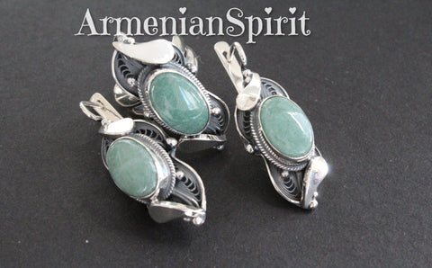 Silver 925 Set earrings and ring With gemstone pale green jade Filigree