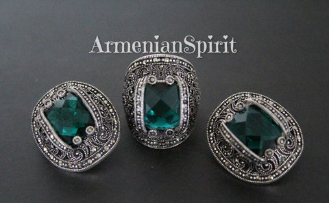 Very large Earrings and ring green emerald Marcasite SET SILVER 925
