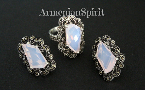 Jewelry Small nacreous pink earrings and ring topaz SILVER 925