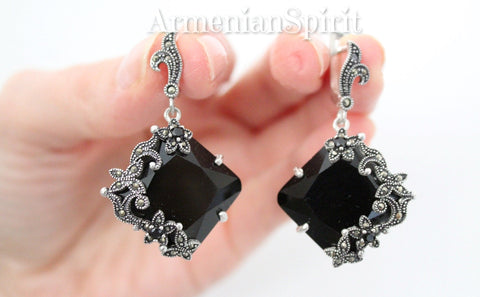 Black earrings sterling silver Marcasite jewelry Black stones