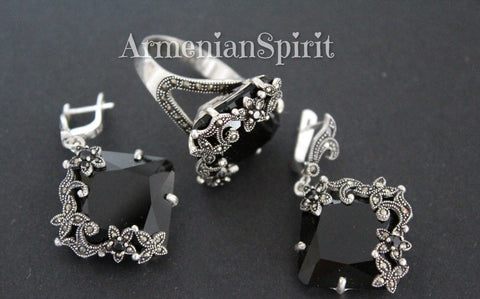 Black marcasite ring sterling silver 925 floral