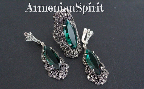 Earrings long Marcasite Sterling Silver 925 green  topaz