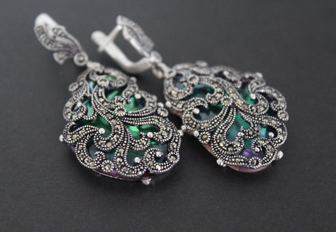 Very big earring Silver 925 nacreous green lab quartz