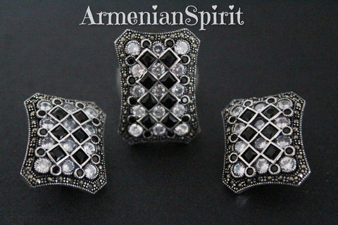 Silver 925 set ring earrings black and white zircon stones