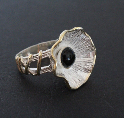 Flower Onyx ring black Sterling SILVER 925 gold plated
