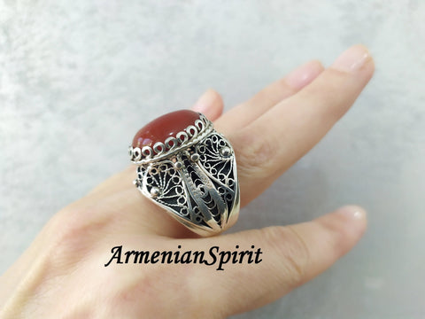 RING STERLING SILVER 925 Carnelian natural jewelry filigree One of a kind