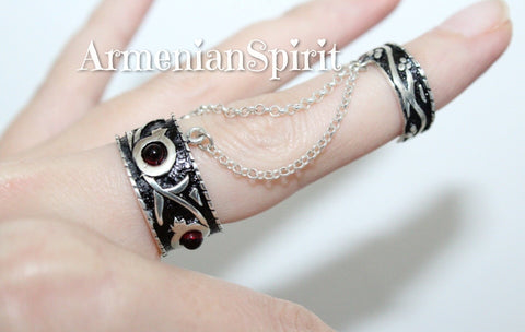 Double ring SILVER 925 Adjustable pomegranates Red stone