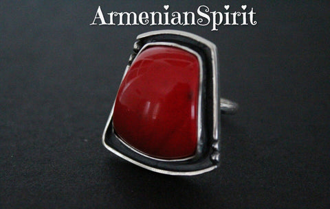 Red lab coral ring adjustable STERLING SILVER 925