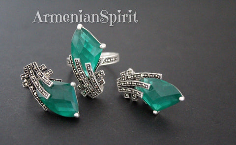 Emerald green matte stone earrings Marcasite STERLING SILVER 925