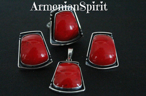 Red coral ring earrings pendant cabochon STERLING SILVER 925