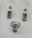 Earrings and ring Gray black Venus hair gemstone Silver 925 gold plated