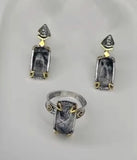 Earrings and ring Gray black Venus hair gemstone Silver 925 gold plated