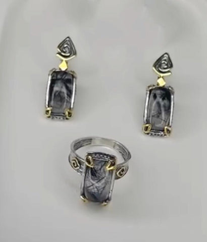 Earrings and ring Gray black Venus hair gemstone Silver 925 gold plated