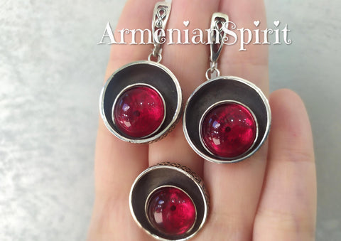 Earrings and ring Sterling silver 925 with red quartz stone
