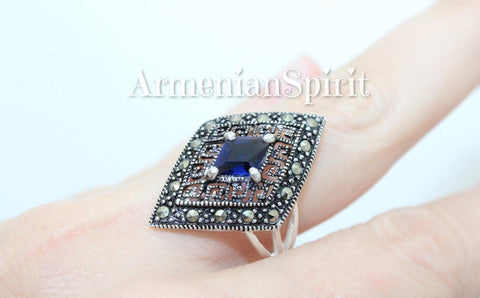 Ring silver 925 lab blue topaz marcasite