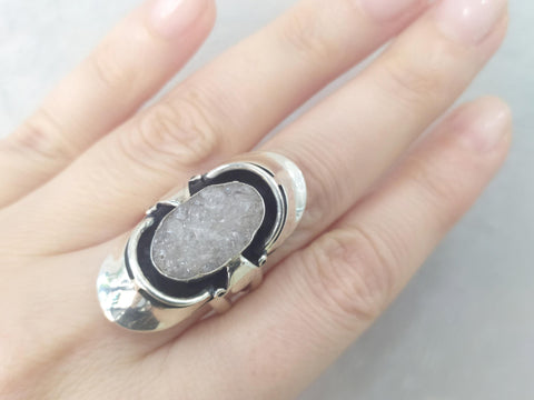 Vintage ring sterling silver 925 chalcedony druse gemstone white