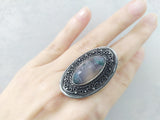 Vintage ring sterling silver 925 moss agate green gemstone semi transparent