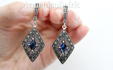Earrings Blue topaz stone 925 SILVER navy geometric Marcasite
