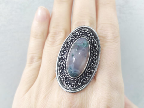 Vintage ring sterling silver 925 moss agate green gemstone semi transparent
