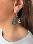 Earrings ring Green Malachite set sterling silver 925 red zircons