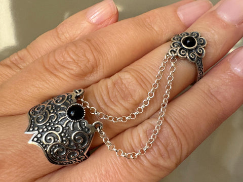 Ring double Sterling silver 925 flower and black onyx