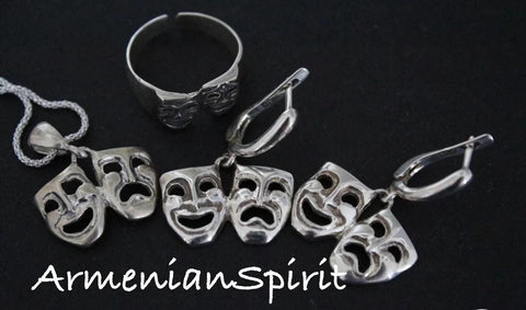 Theatre mask happy sad Sterling silver 925 SET Earrings ring pendant