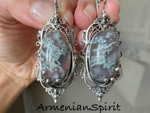 Earrings Sterling silver 925 moss agate gemstone in green and gray