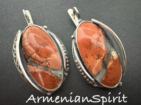Earrings jasper oval natural gemstone Sterling silver 925