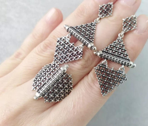 Jewelry set earrings and adjustable ring Sterling silver 925 shield style Armenian