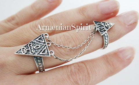 Double ring silver 925 full finger with two chains